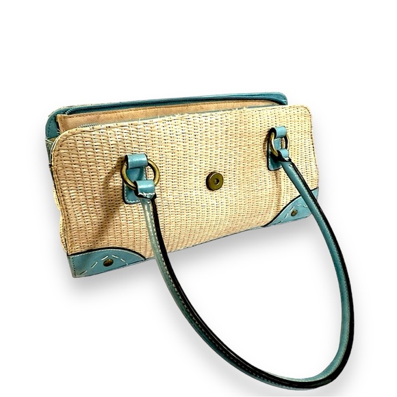 VINTAGE 70s Faux Straw and Aqua Satchel - Picture 9 of 14